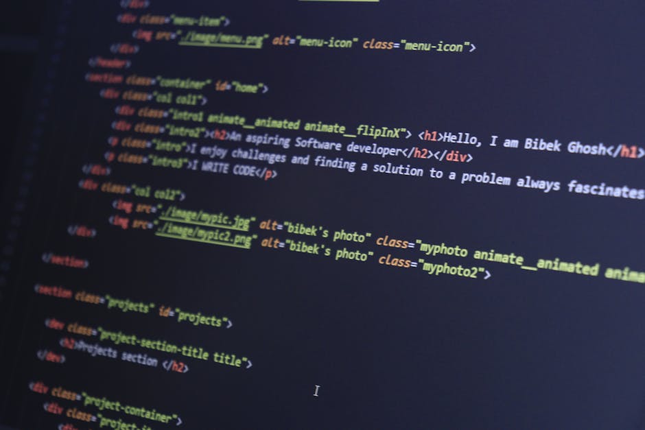 A computer screen displaying a code editor with an HTML document open, showing lines of code including meta tags, a title element, and links to stylesheets. The text is highlighted in various colors s